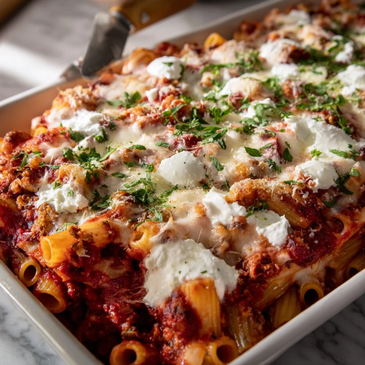 Golden, bubbly One-Dish Baked Ziti with three cheeses overflowing in a baking dish, ready to serve.