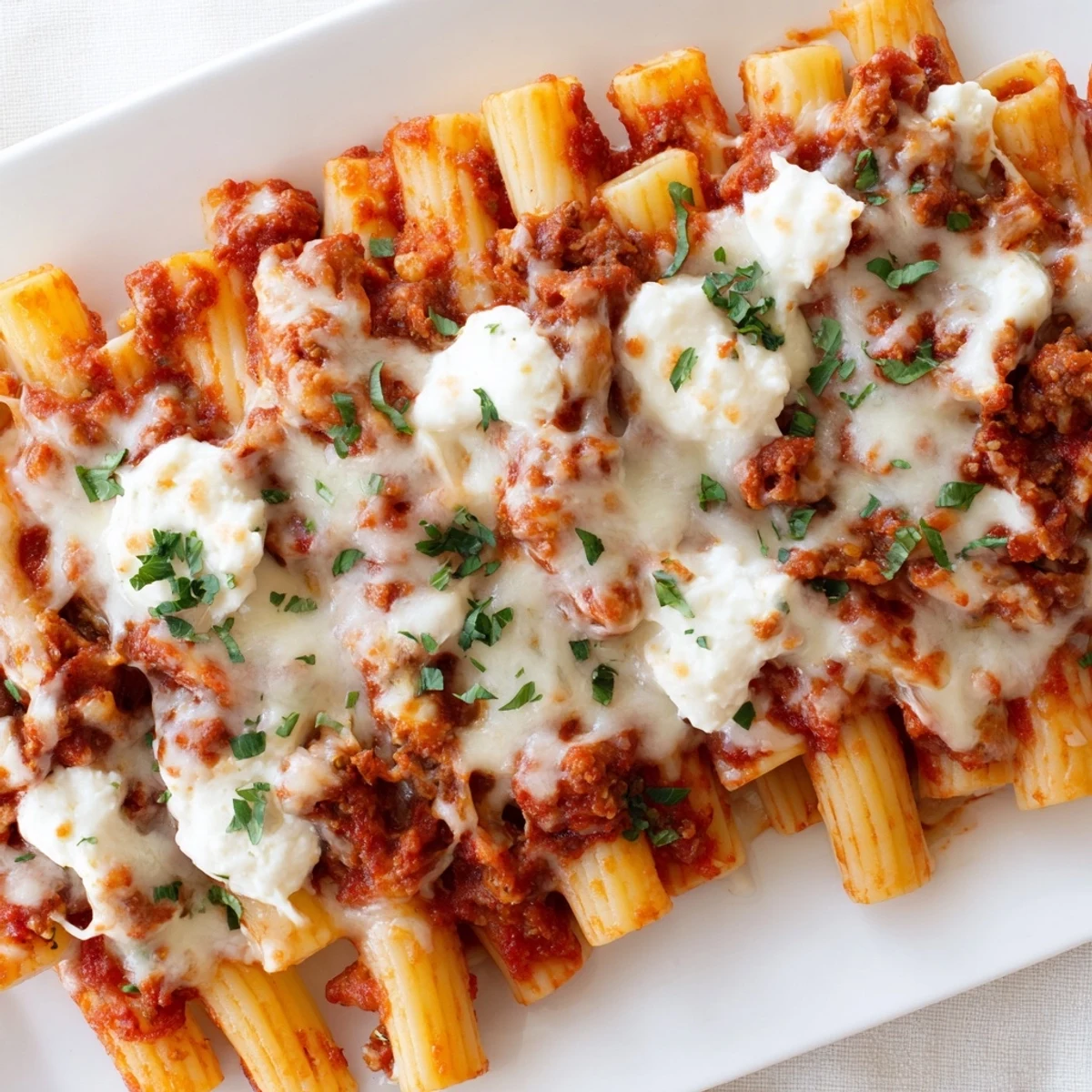 Steamy, delicious One-Dish Baked Ziti with three cheeses, a comforting Italian-American family meal.