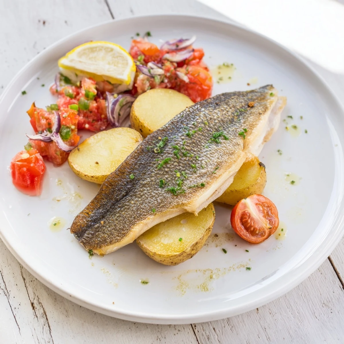 Golden-brown baked trout fillets nestled amongst colorful roasted vegetables for dinner.