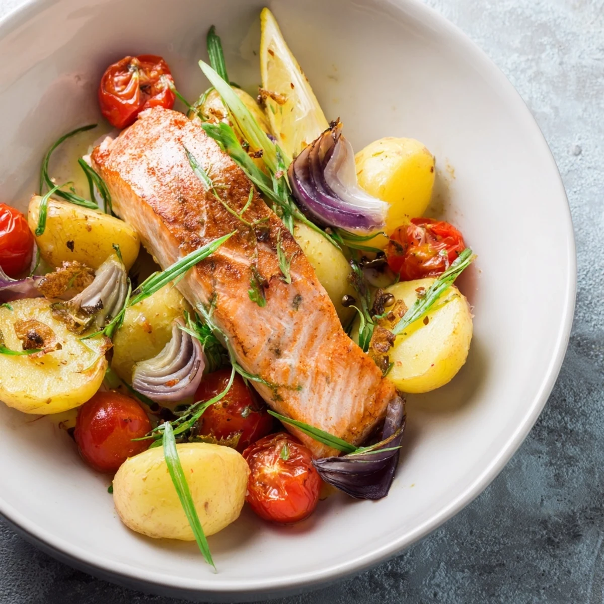 Freshly baked One-Tray Baked Trout, a delicious and healthy pescatarian meal option.