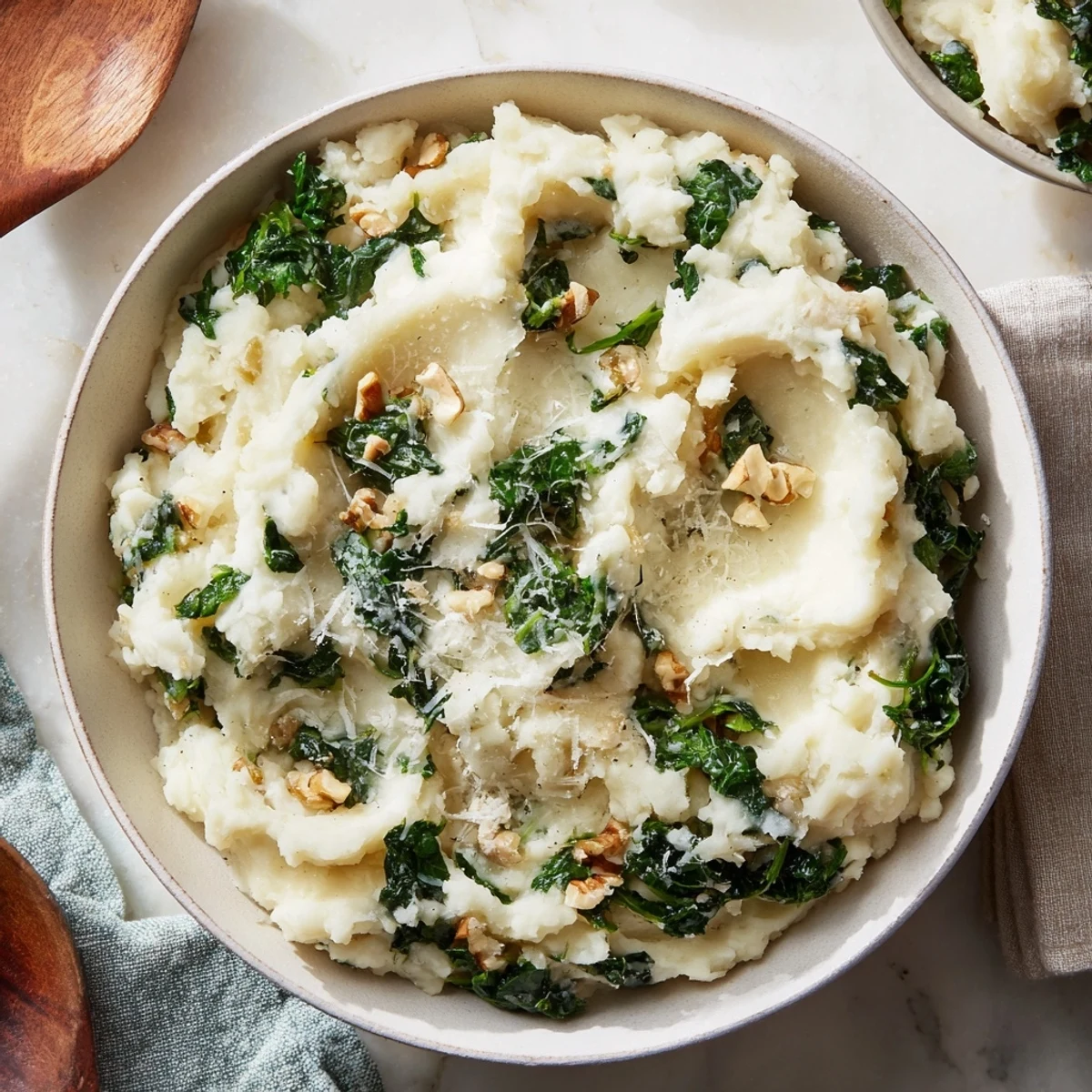 Fluffy Creamy Spinach and Parmesan Mashed Potatoes, a comforting side dish, ready to serve with a flavorful taste.