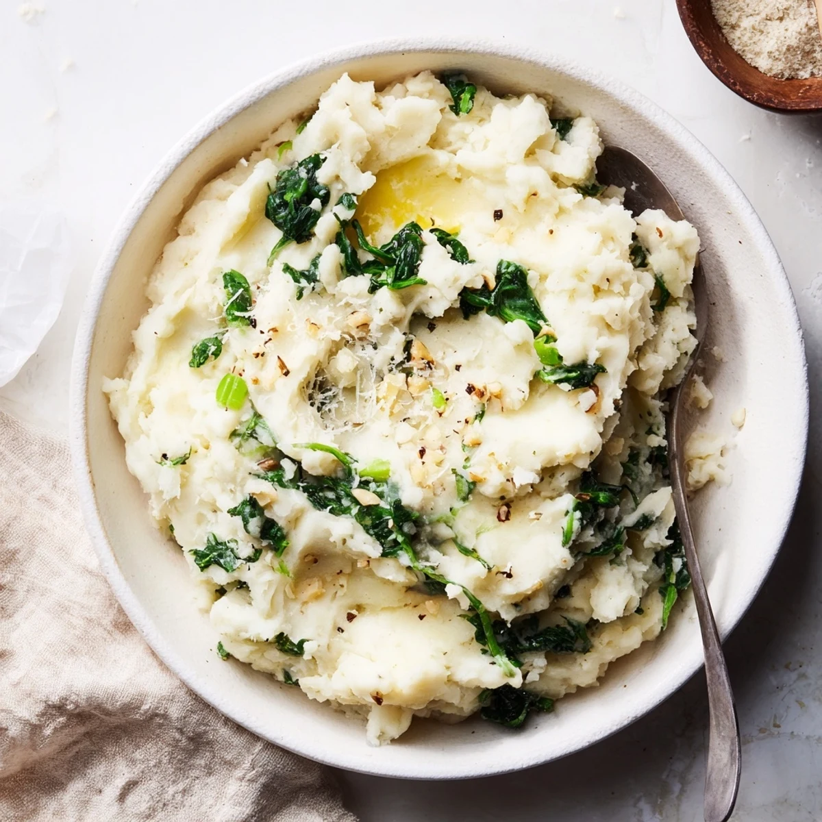 A close-up of Creamy Spinach and Parmesan Mashed Potatoes, showing a vibrant green spinach swirl throughout.