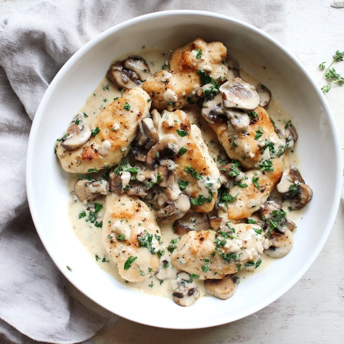 Juicy skillet-seared chicken breast, generously covered in a creamy, savory mushroom sauce, is ready to be served.