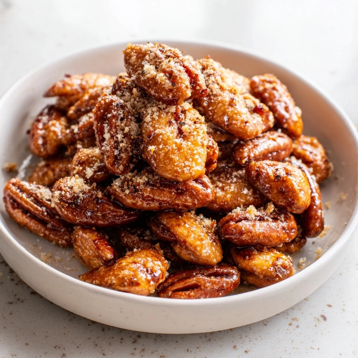 Golden Simple Garlic-Honey Roasted Pecans, glistening with a sweet glaze, fresh from the oven, offering a tantalizing aroma.