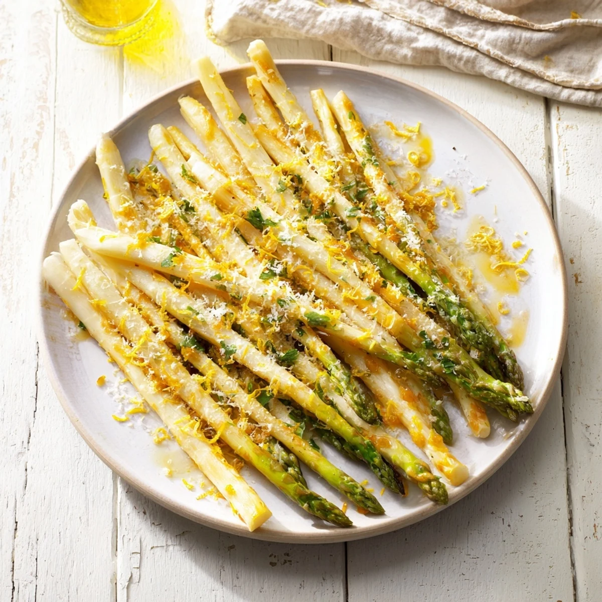Vibrant green roasted asparagus topped with Parmesan and lemon, ready to serve with a meal.