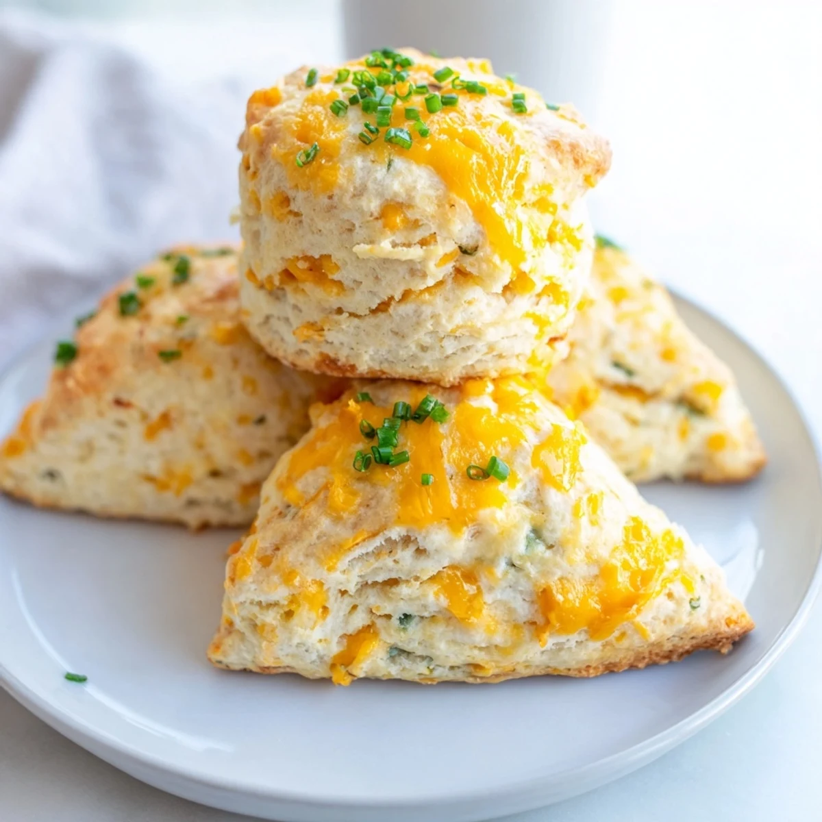 Golden cheddar and chive scones, warm from the oven, with a golden, flaky crust and savory cheese.