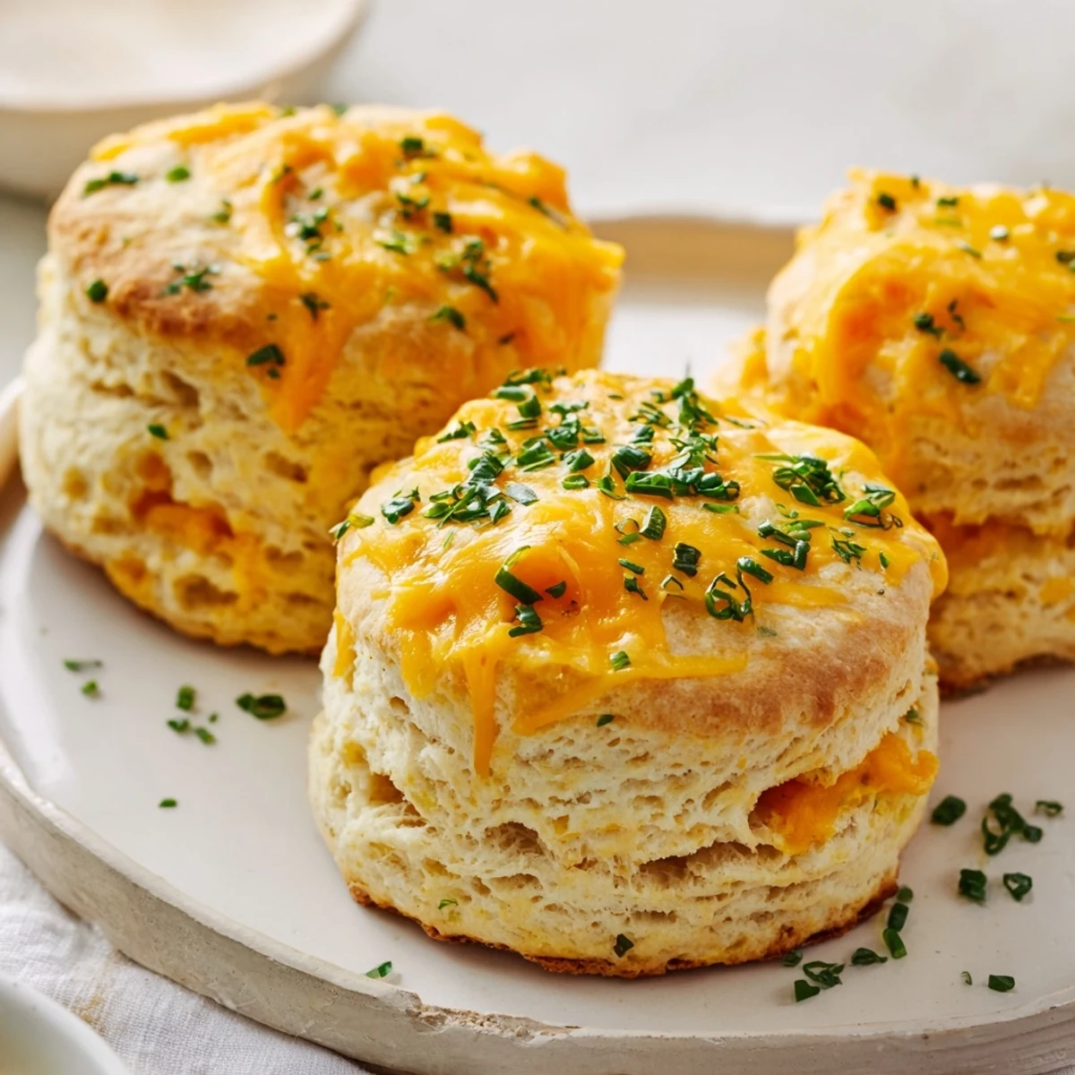 A platter of freshly baked golden cheddar and chive scones with visible flecks of chives, ready to be enjoyed.