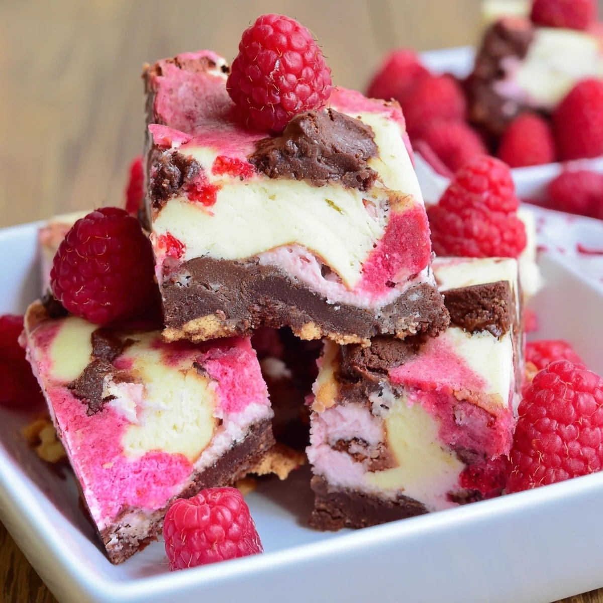 Warm, gooey Decadent White Chocolate and Raspberry Blondies with melted chocolate drizzles over the top, perfect for dessert.