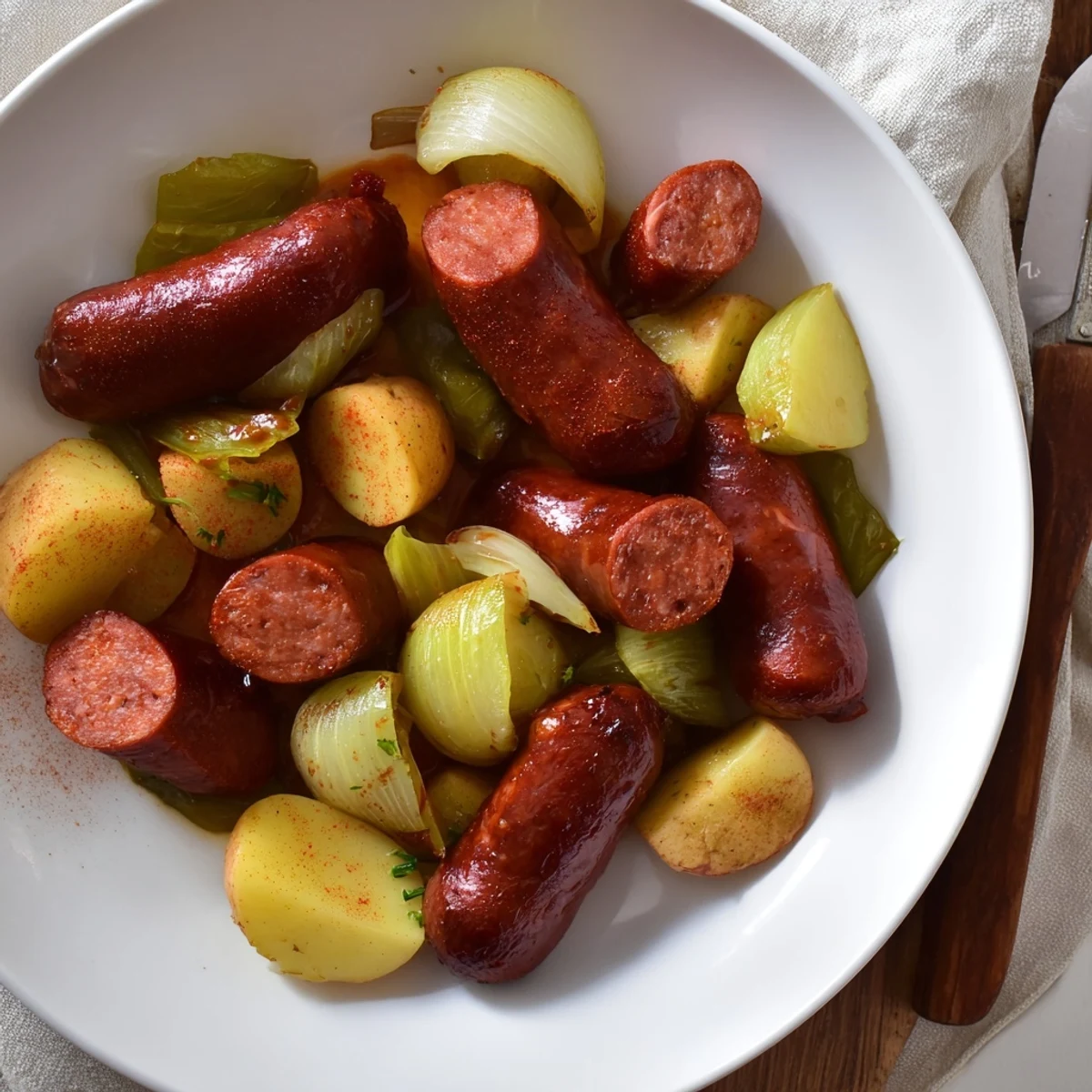 Golden-brown All-in-One Pan Sausage and Cabbage Bake, featuring roasted vegetables and sizzling sausage.