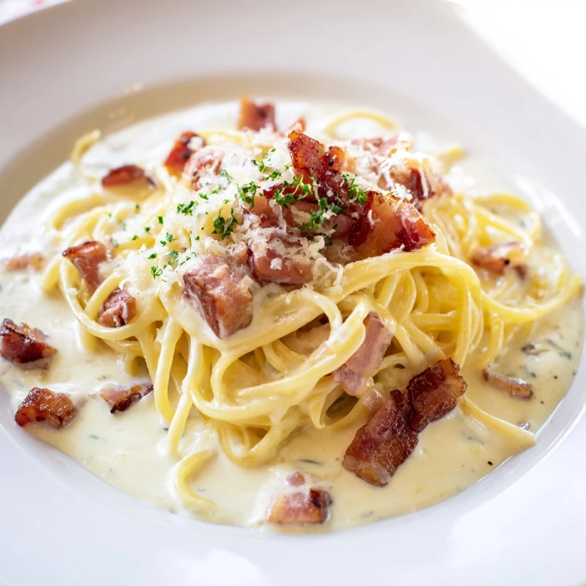 Golden, glossy The Best 15-Minute Creamy Carbonara, featuring crispy pancetta and a rich, creamy sauce coating each strand.