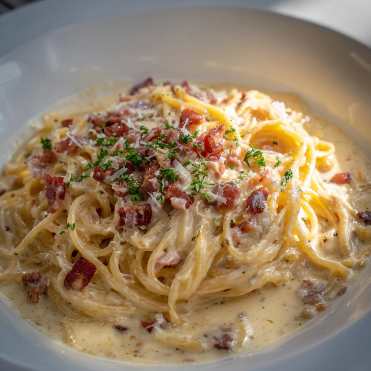 Steaming bowl of The Best 15-Minute Creamy Carbonara pasta, beautifully plated with parsley and extra Parmesan.