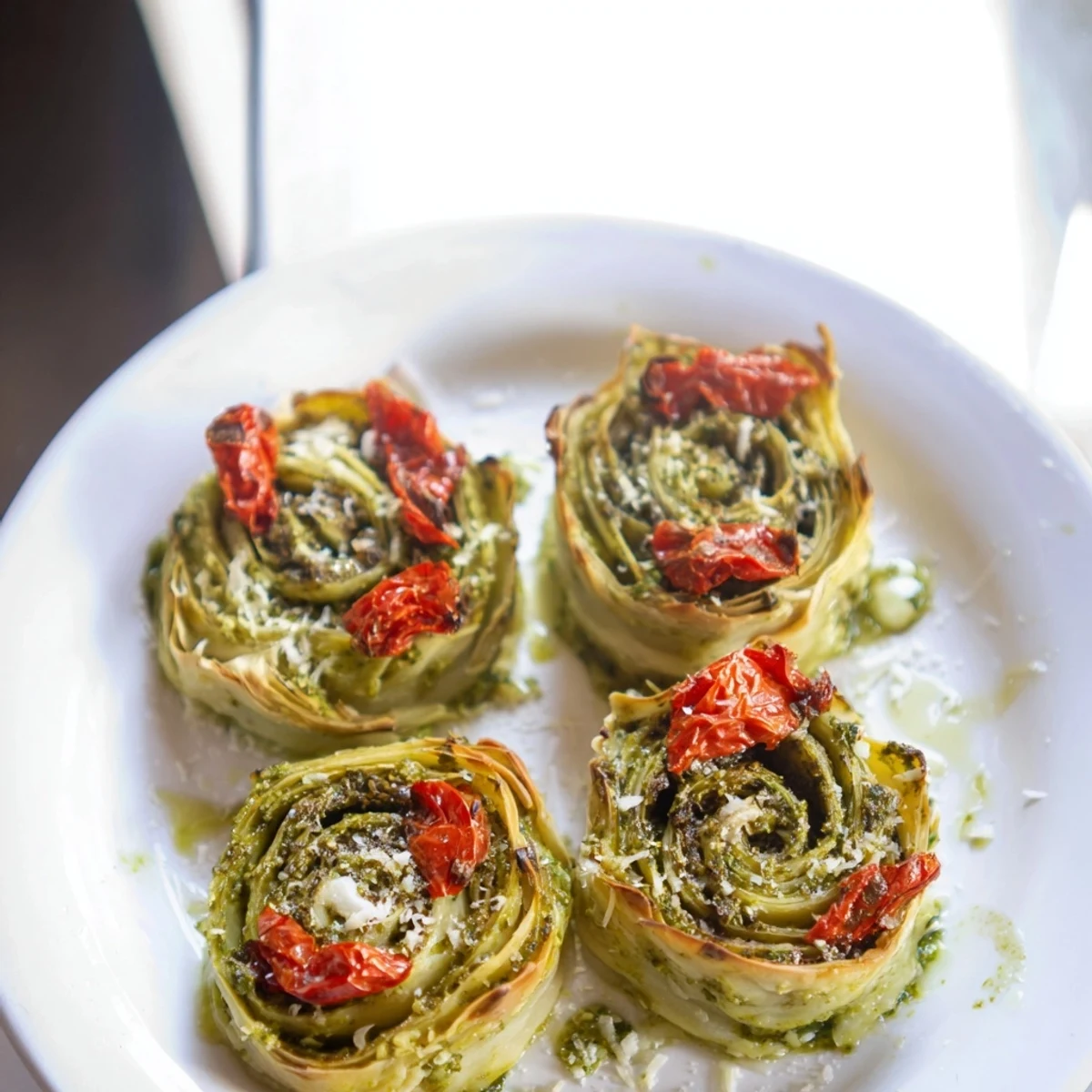 Beautifully swirled Savory Sun-Dried Tomato and Pesto Palmiers, offering a burst of savory flavor in every bite.