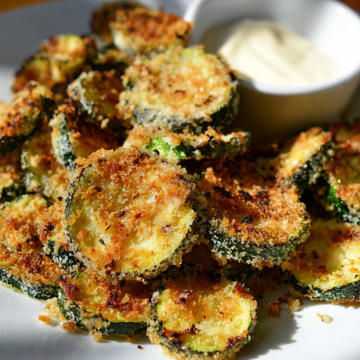 Oven-baked and perfectly breaded, the crispy zucchini rounds are delicious with fiery mayo.
