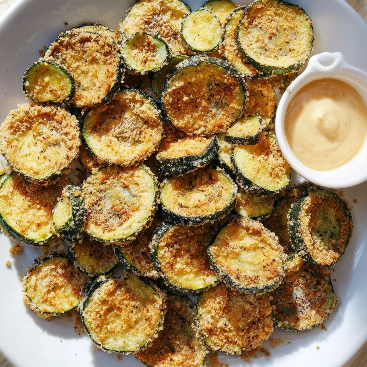 Golden, crispy baked zucchini rounds ready to dip in creamy, spicy mayo; a flavorful snack.