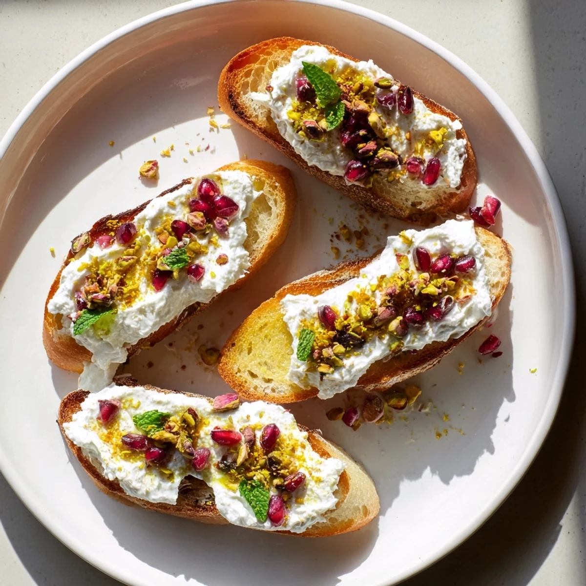 Golden, toasted Festive Pomegranate and Goat Cheese Crostini topped with vibrant red pomegranate and fresh mint.