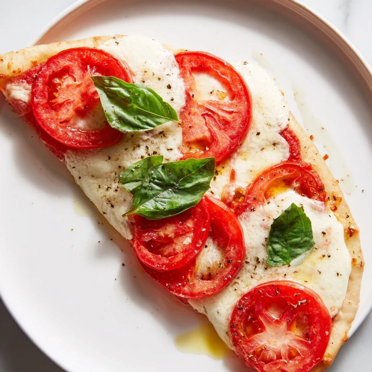 Freshly baked Quick Margherita Naan Pizza slice with herbs, perfect for a quick and flavorful Italian meal.