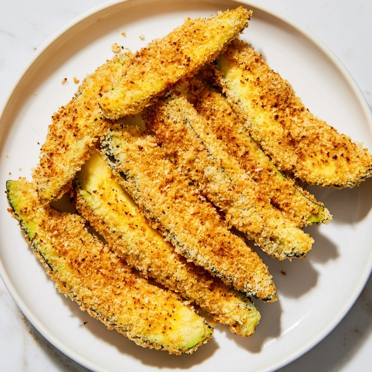 Golden-brown Crispy Baked Avocado Fries, perfectly crunchy and ready to be served with dipping sauce.