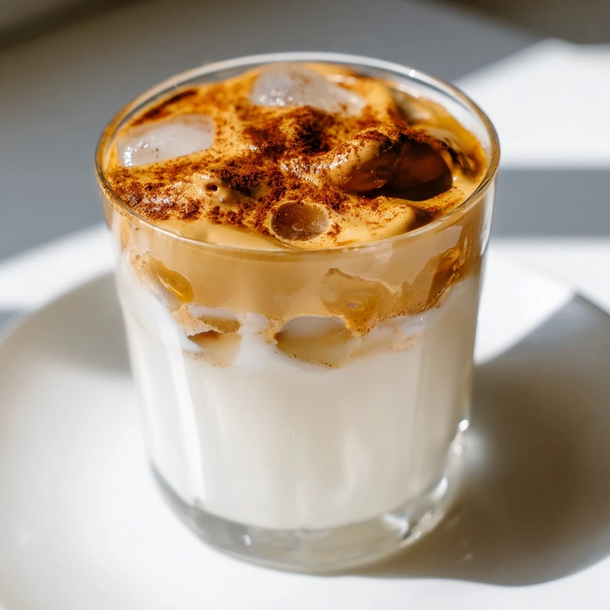 Fluffy, light brown sugar Dalgona latte, beautifully layered, ready for an iced coffee treat.