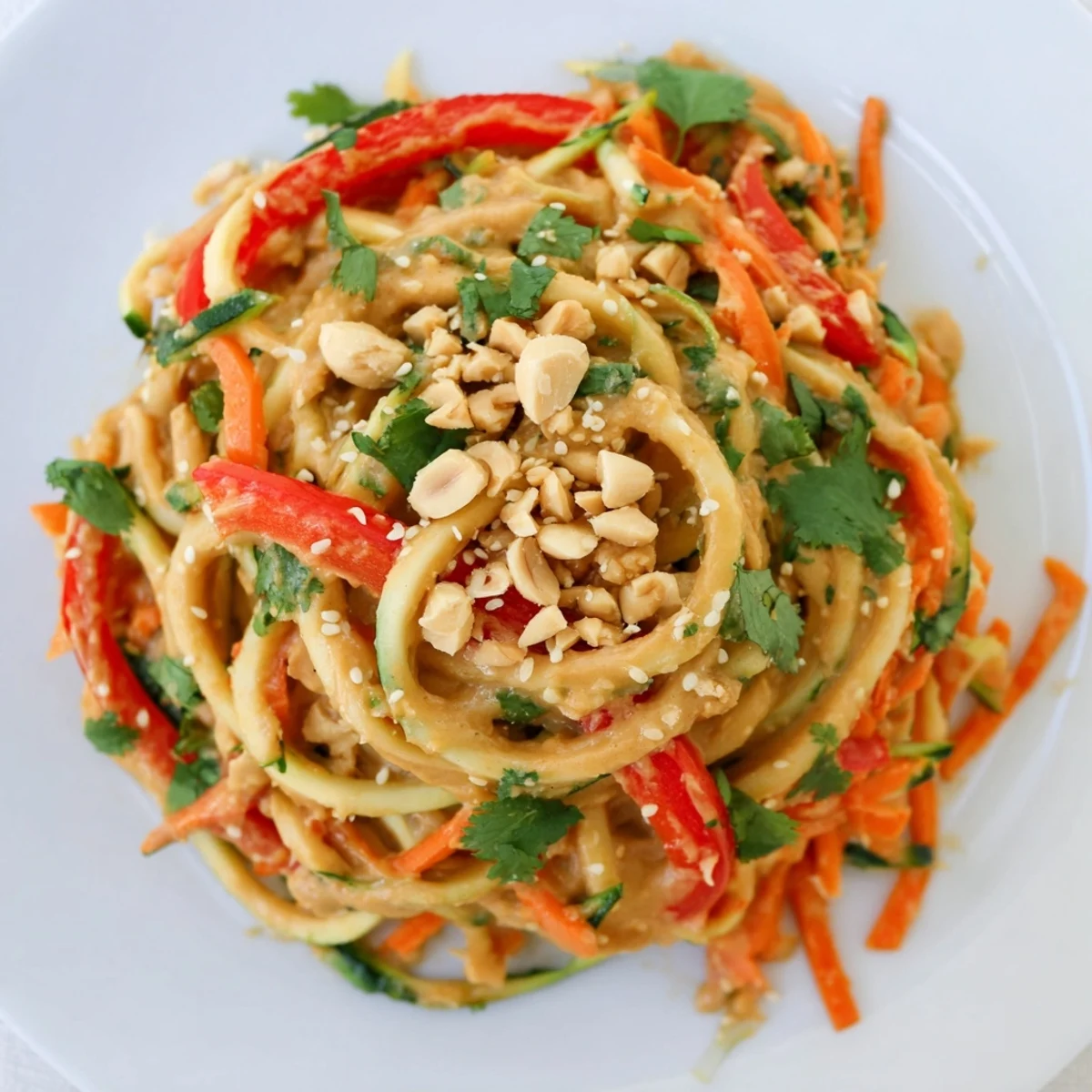 Zesty Peanut Zucchini Noodles: a vibrant salad with spiralized zucchini in creamy peanut sauce.