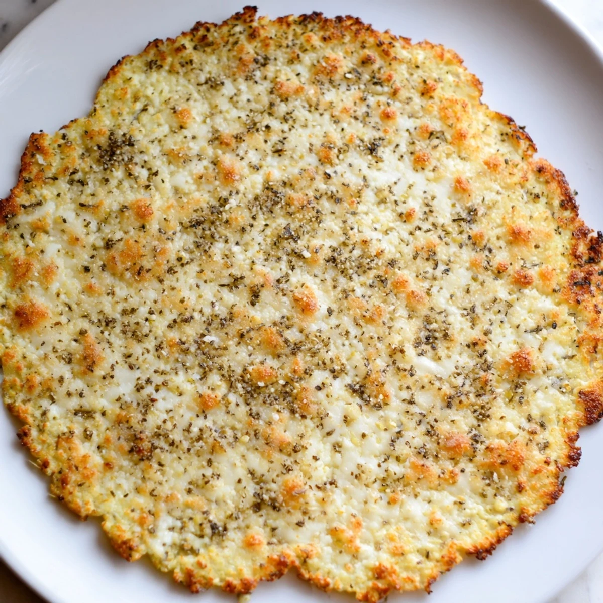 Golden-brown cauliflower pizza crust, ready for toppings, a delicious low-carb base.