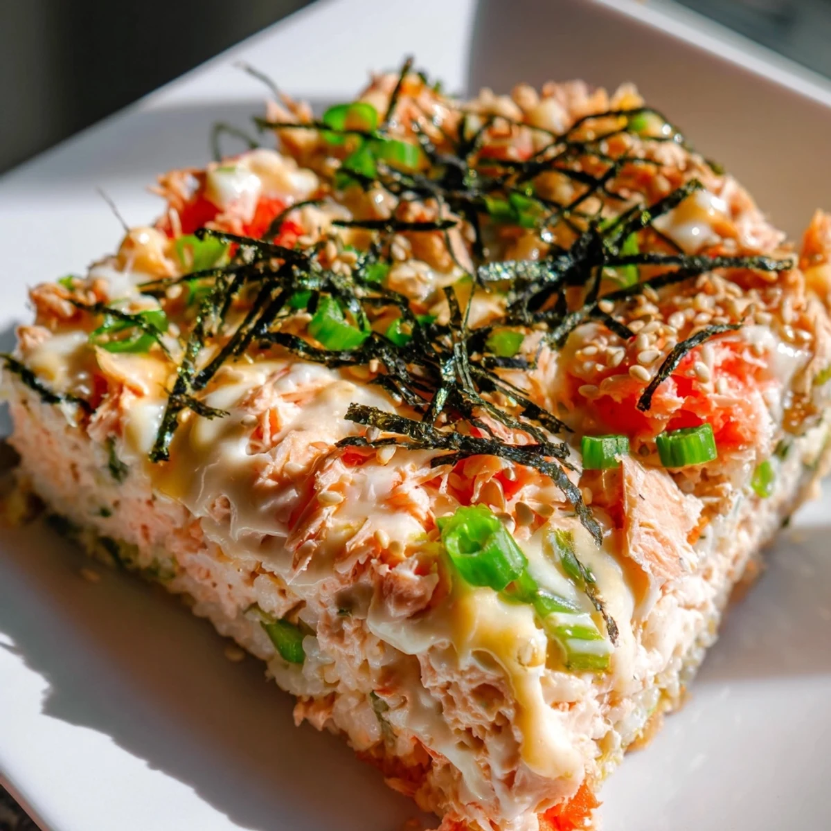 Perfectly baked Creamy Salmon Sushi Bake with a melty cheese topping, studded with green scallions and sesame seeds.