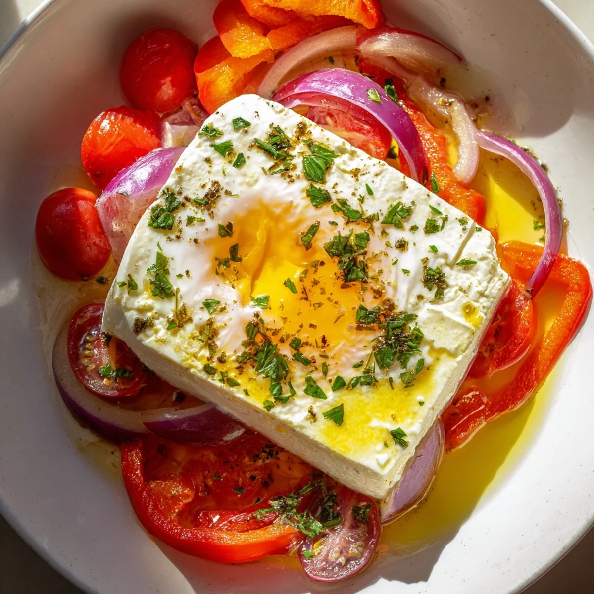 Mediterranean Baked Feta & Eggs: A close-up view of the baked dish, showcasing eggs nestled in tomato and feta.