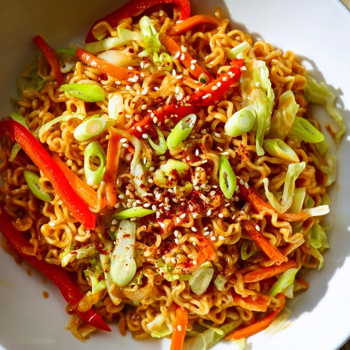 Steaming bowl of Spicy Ramen Stir Fry with vibrant veggies and savory sauce, ready to eat.