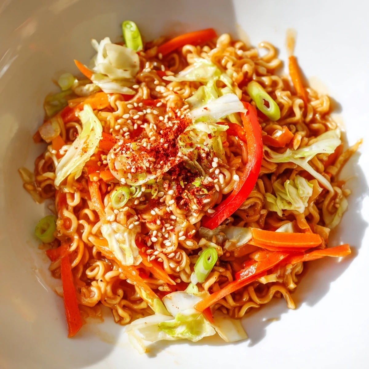 Close-up of a flavorful Spicy Ramen Stir Fry, with perfectly cooked noodles and eye-catching garnishes.
