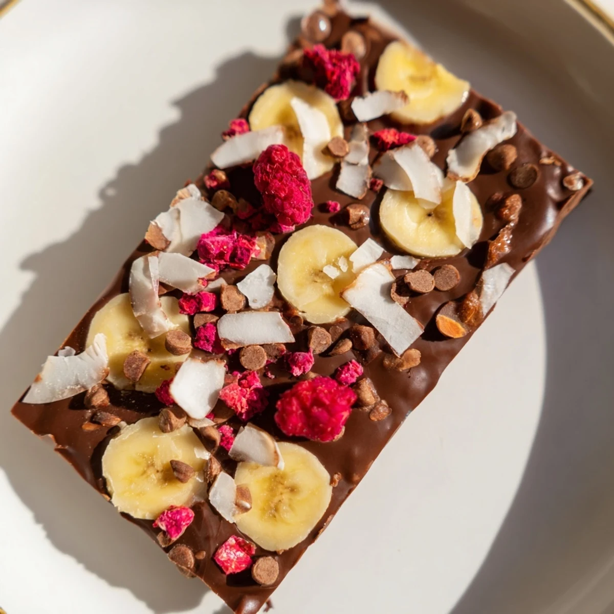 Frozen Chocolate Banana Bark with dark chocolate, ripe bananas, and crunchy almond topping.