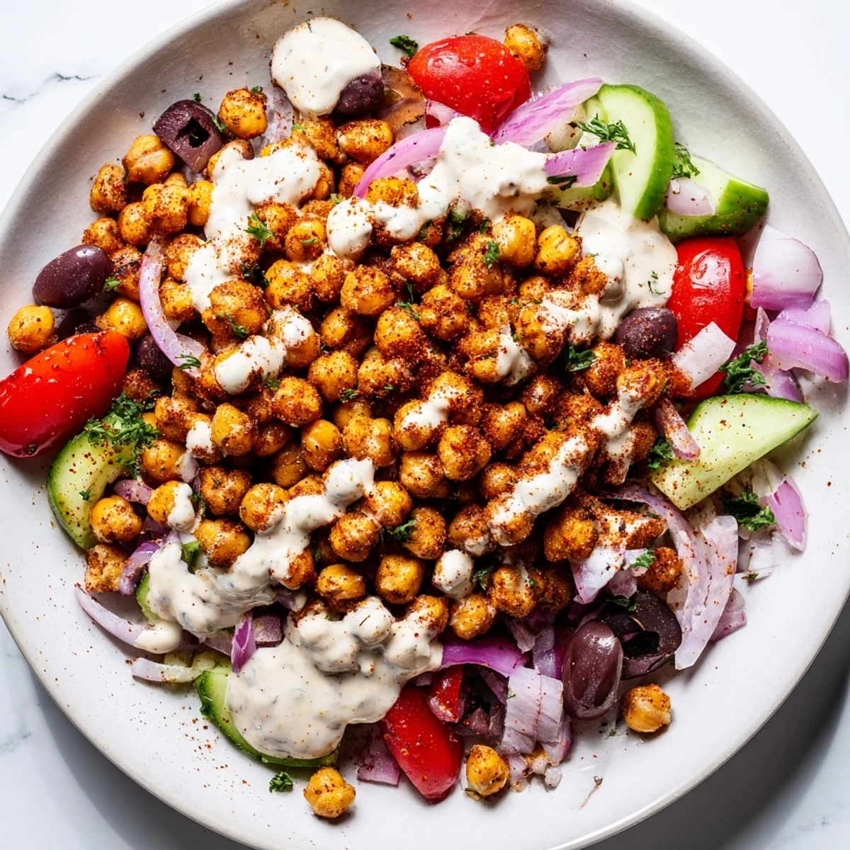 Mediterranean Chickpea Bowl bursting with color: roasted chickpeas, fresh veggies, and creamy tahini dressing.