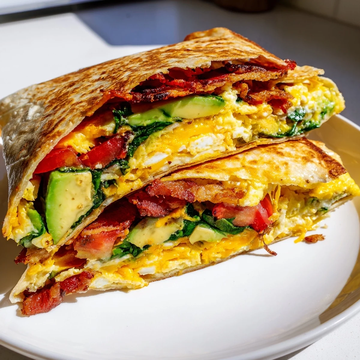 A perfectly folded Crispy Breakfast Wrap is golden-brown and filled with eggs, cheese, and veggies, ready to eat!