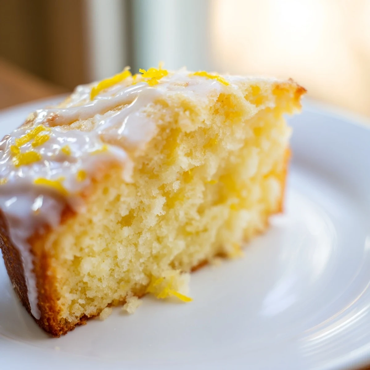 Fluffy slice of Lemon Yogurt Cake, drizzled with glaze, ready to enjoy at tea time.