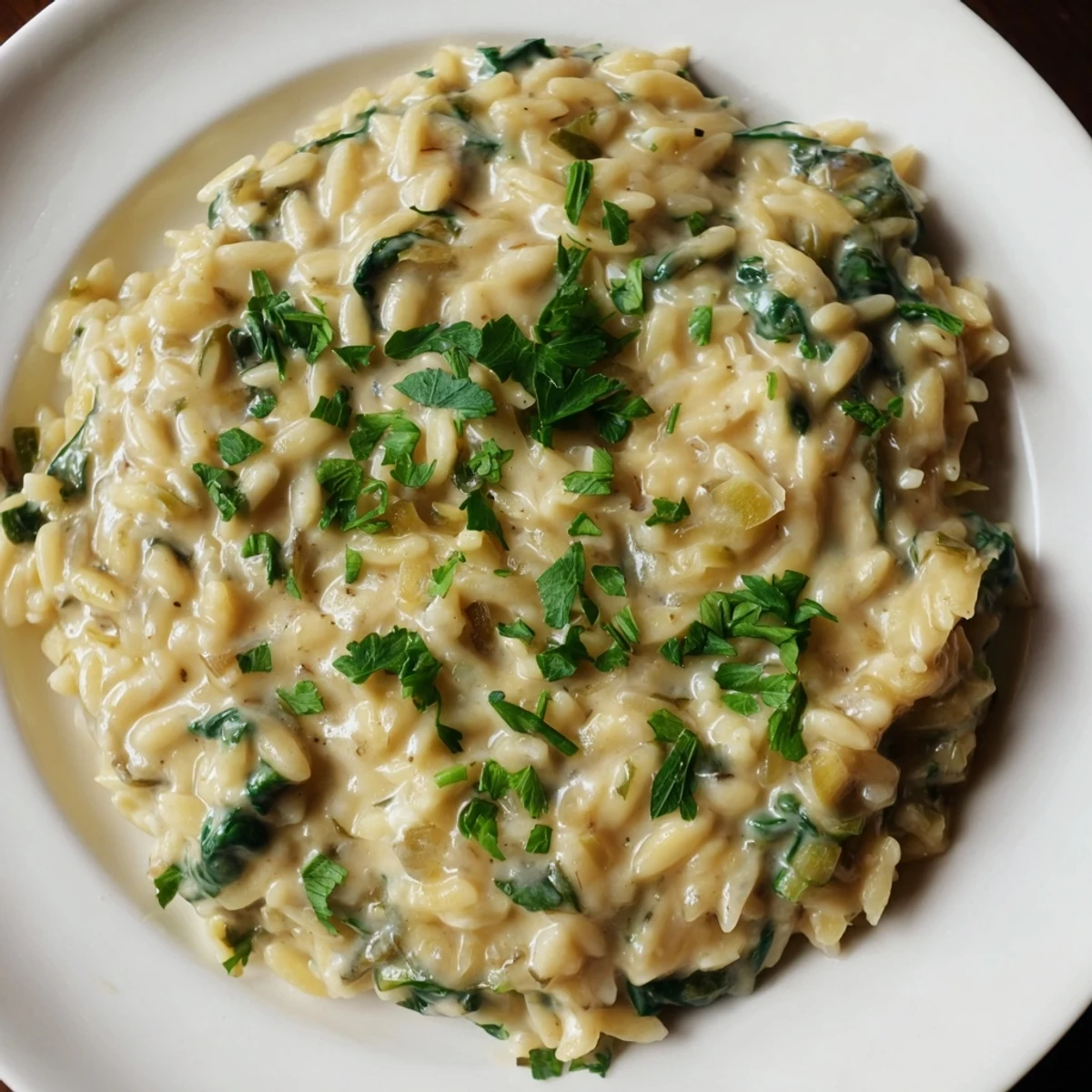 Steaming bowl of one-pot creamy orzo garnished with parsley, a comforting Italian-inspired dinner.