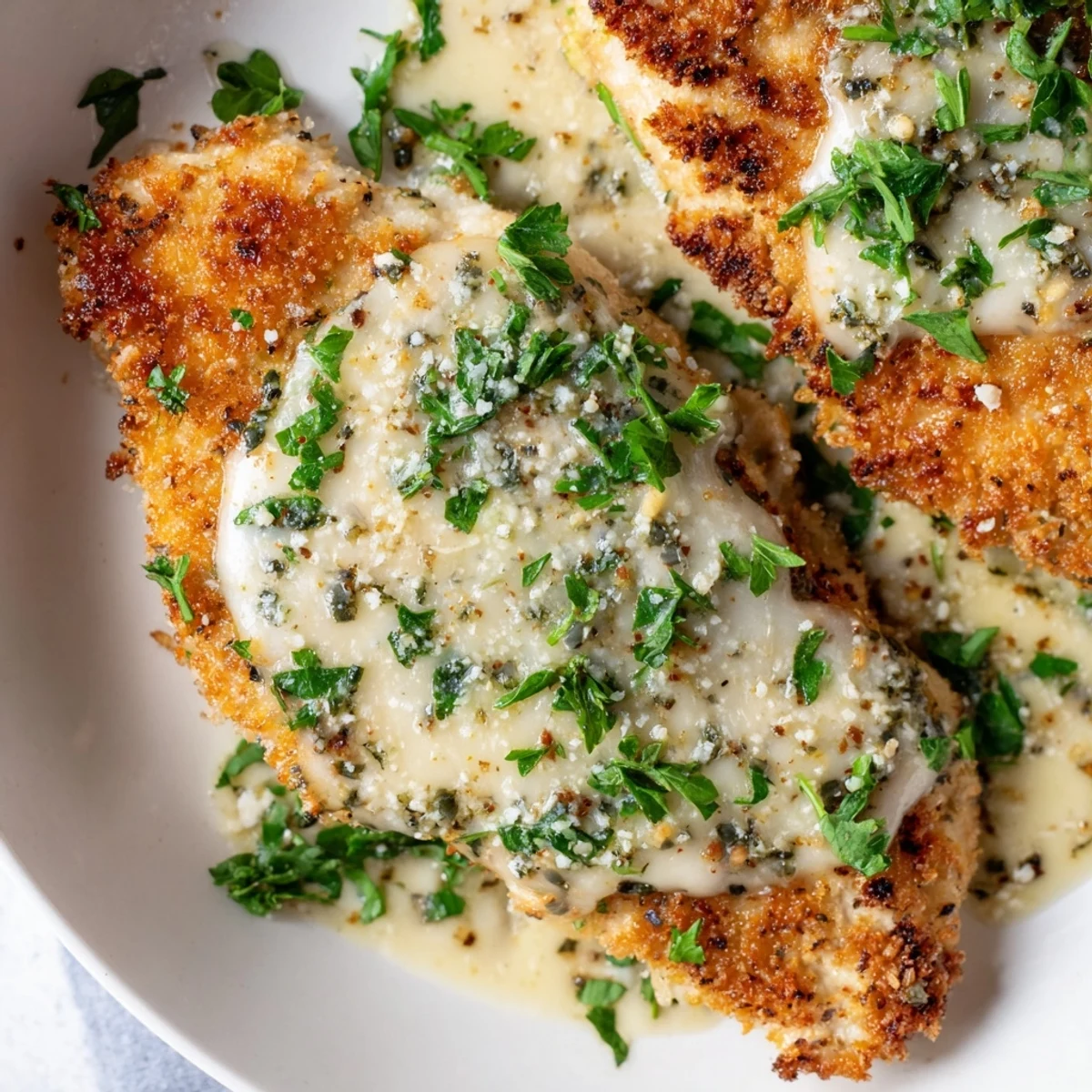 Imagine warm, crispy chicken with garlic cream sauce, a comforting home-cooked American meal.