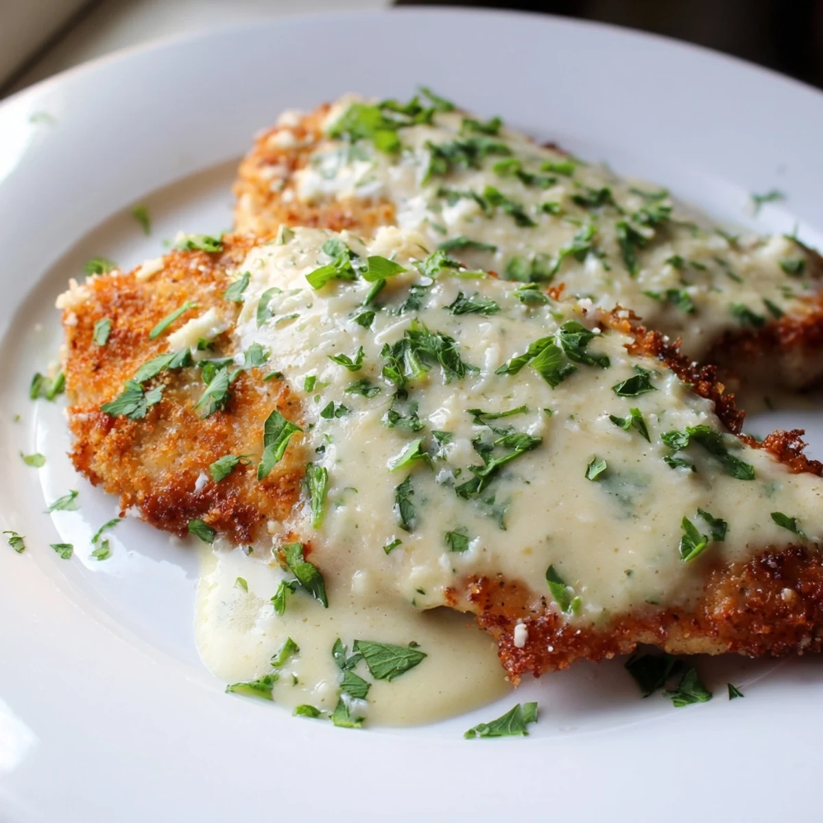 Golden, crispy chicken with garlic cream sauce, a savory dish ready to be enjoyed.