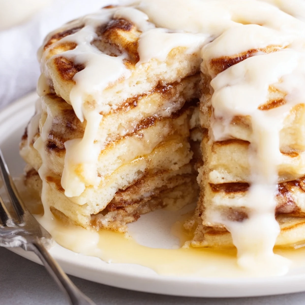 Golden-brown Cinnamon Roll Pancakes drizzled with sweet cream cheese glaze, perfect for a special breakfast.