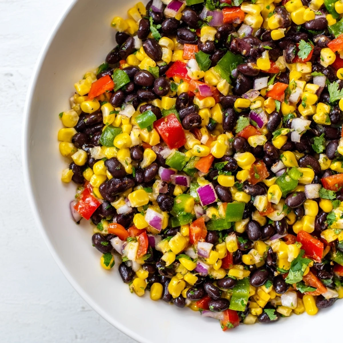 Vibrant Cowboy Caviar Salad brimming with colorful bell peppers, corn, and a zesty lime dressing.