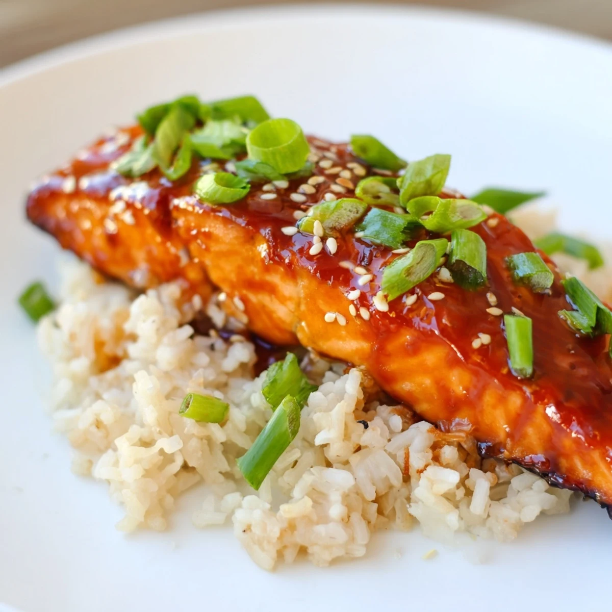 Sticky Orange Salmon with Rice, glistening with a vibrant orange glaze, is served over fluffy white rice.