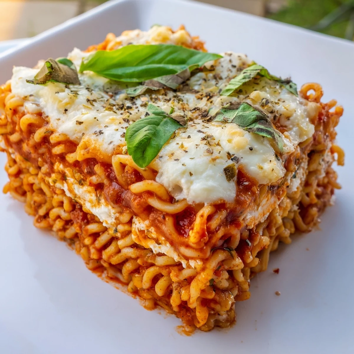 A homemade, layered Ramen Lasagna: noodles, cheese, and tomato sauce, baked to perfection.