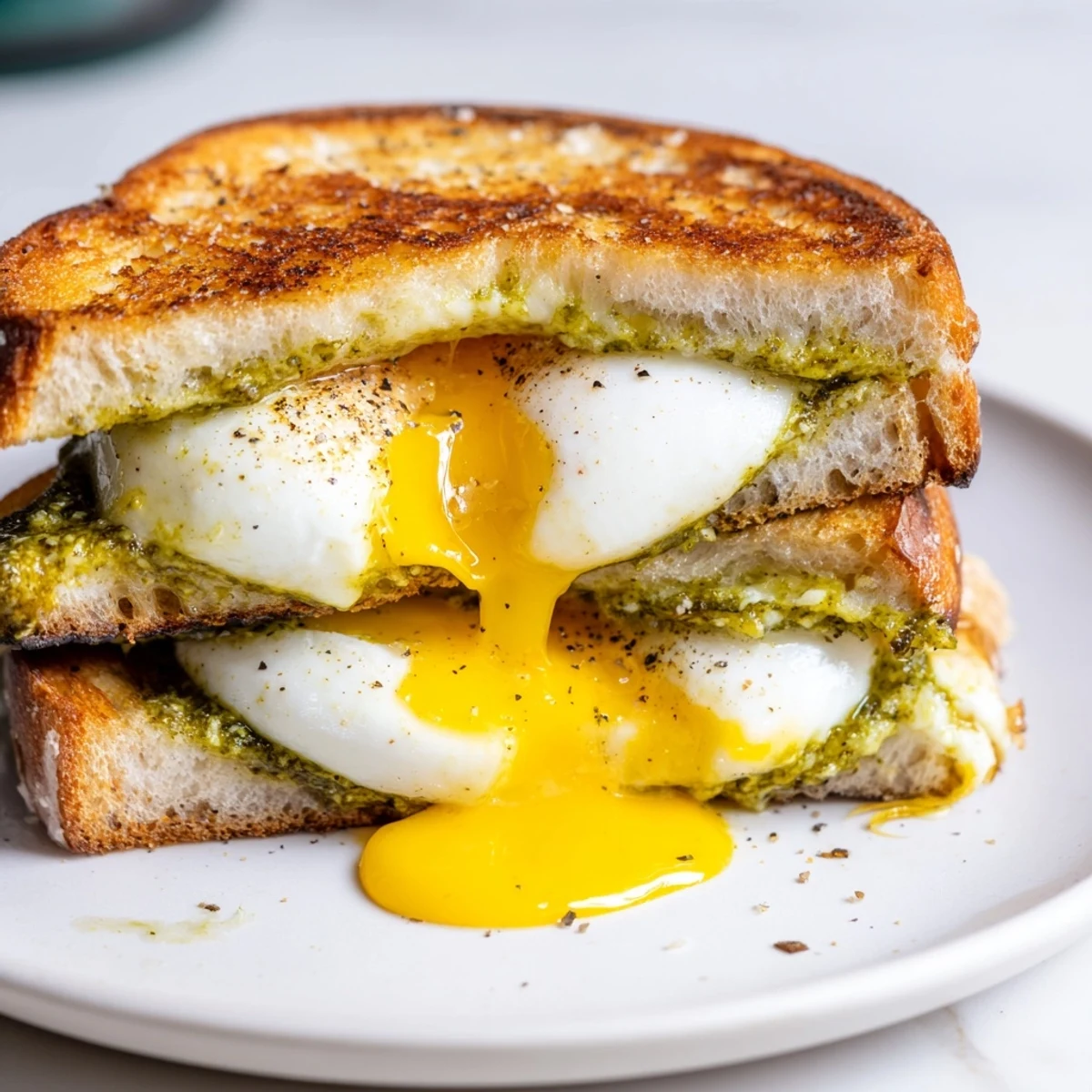 Golden, cheesy Pesto Egg Grilled Cheese with a fried egg oozing pesto, served hot and inviting.