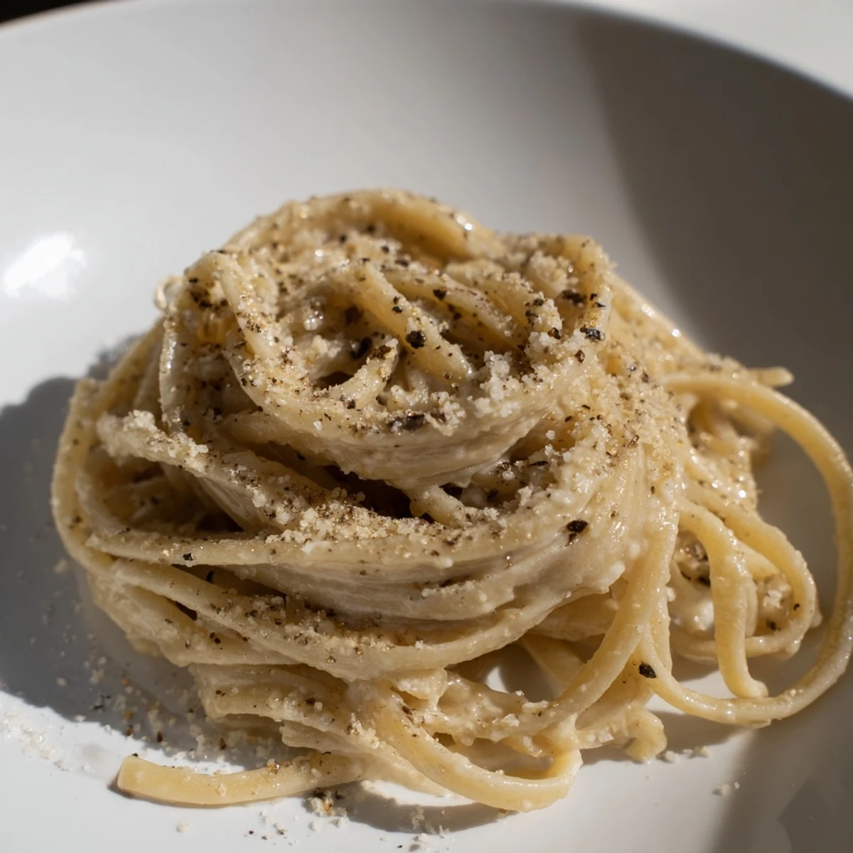 Steaming bowl of Lazy Girl Three-Ingredient Pasta, tossed in a buttery Parmesan sauce, a quick weeknight dinner.