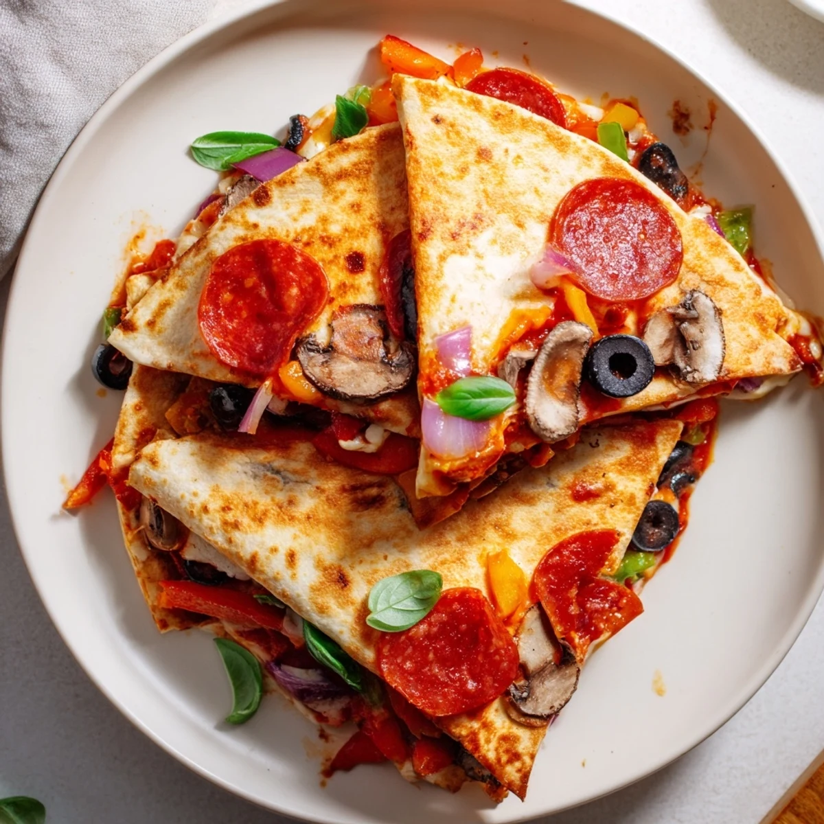 Golden, triangular tortilla pizza wrap with melted cheese, savory pepperoni, and fresh basil atop.