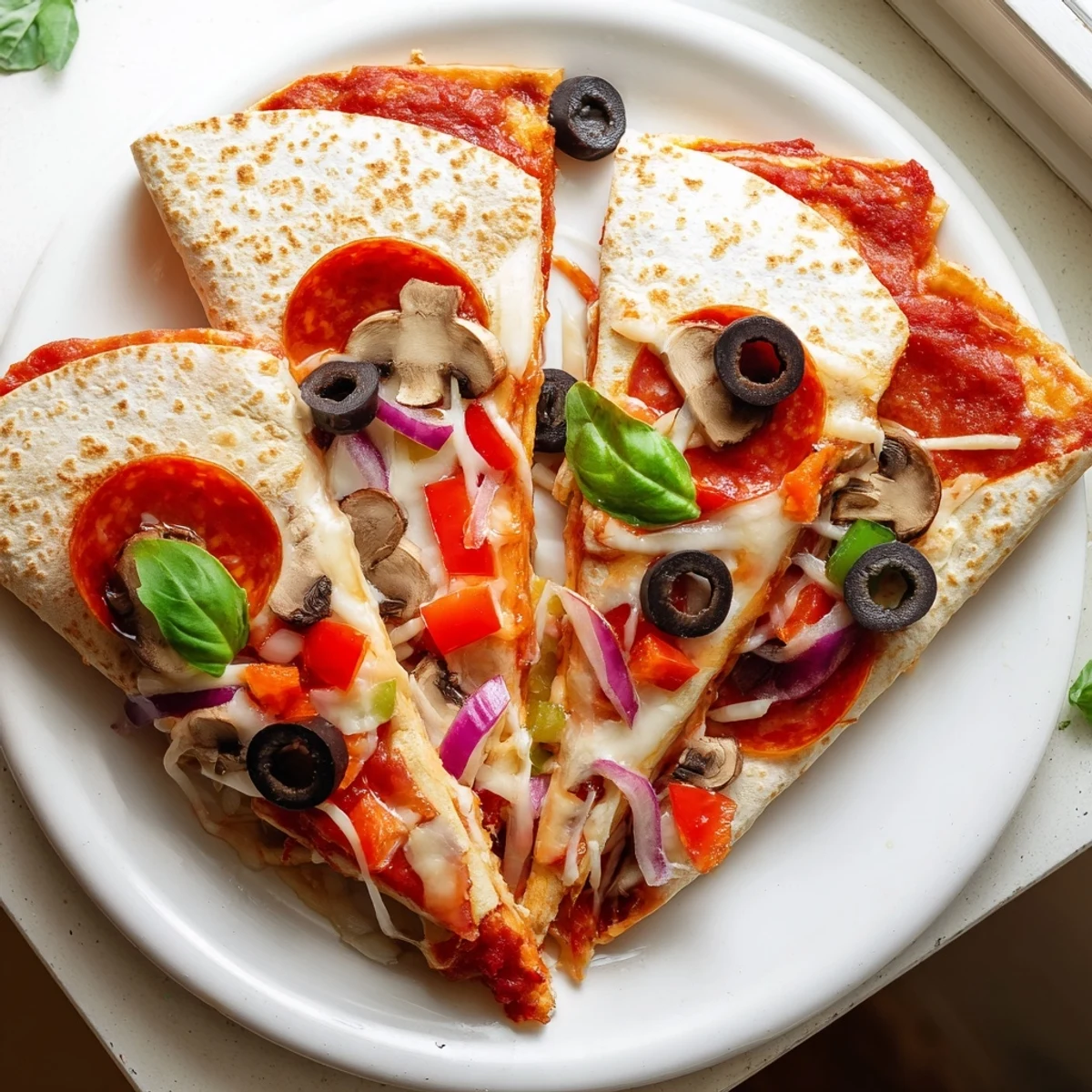 Warm and cheesy tortilla pizza wrap, perfect for a quick and satisfying lunch or dinner.