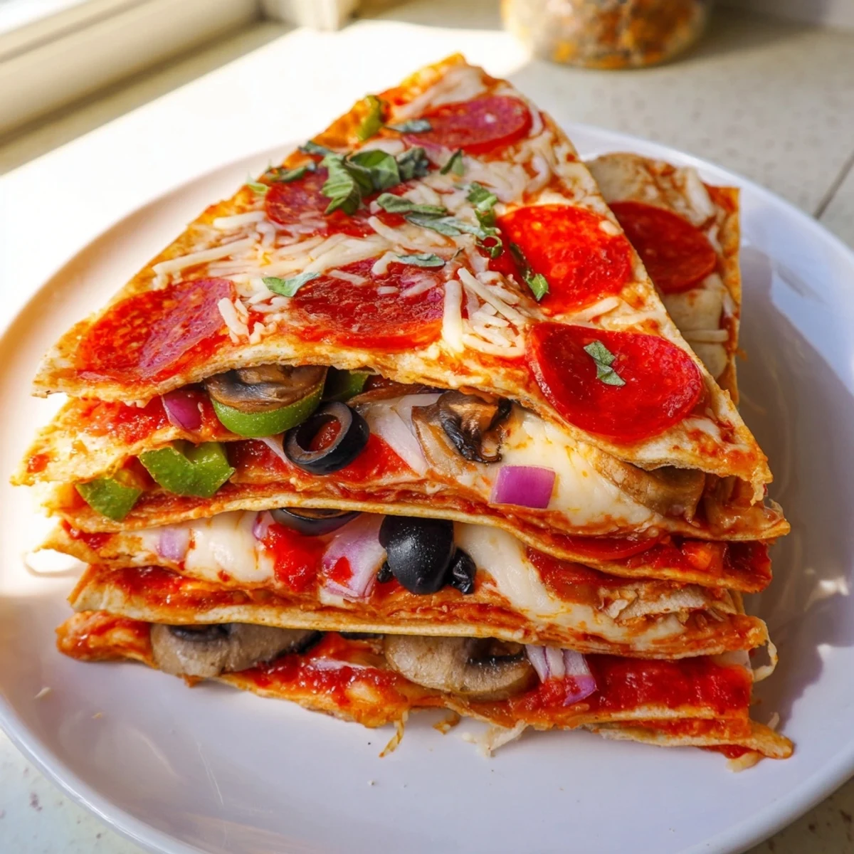 Crispy tortilla pizza wrap, a handheld treat filled with gooey cheese and vibrant toppings.