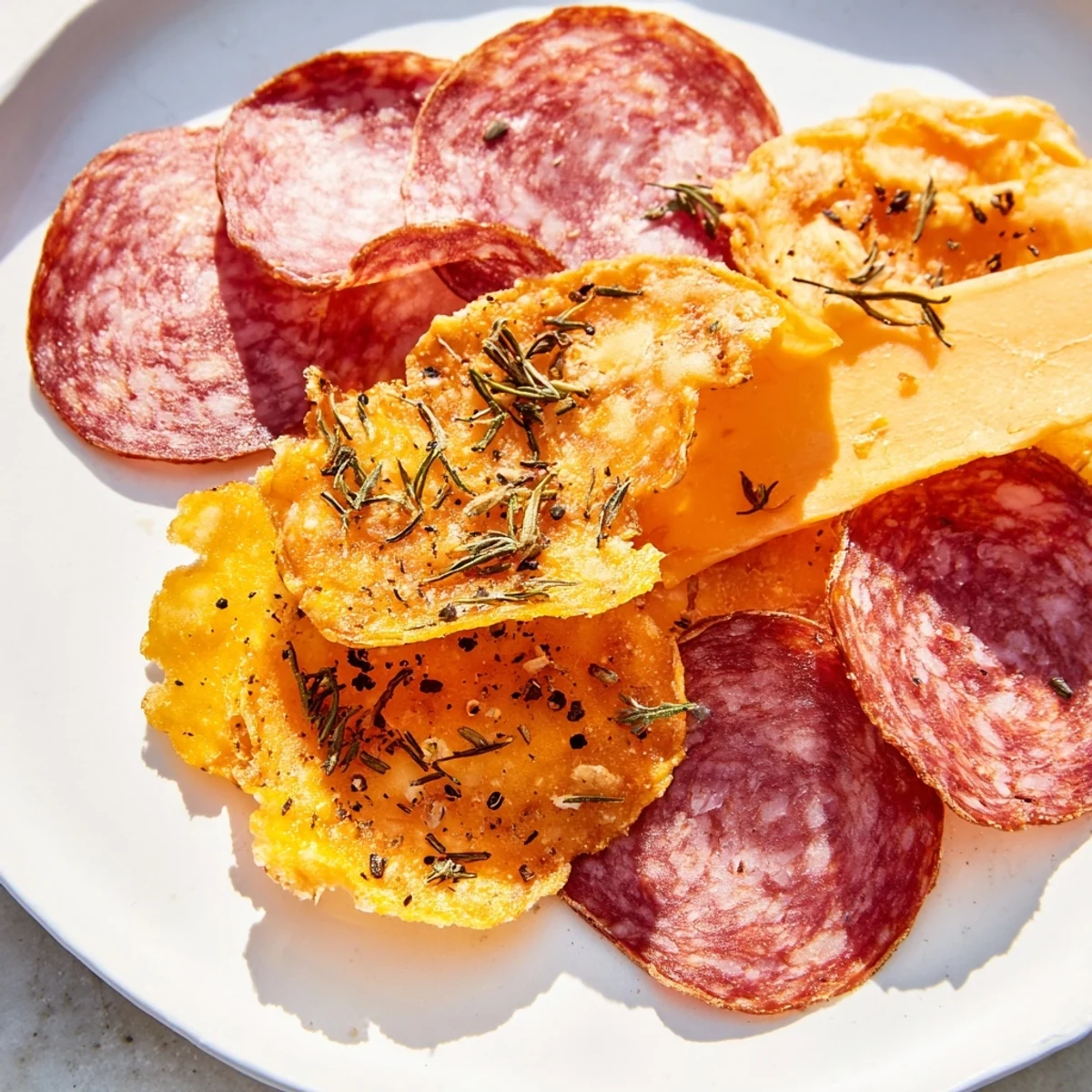 Crispy homemade charcuterie chips: beautifully browned and savory, perfect low carb appetizer ready to serve.