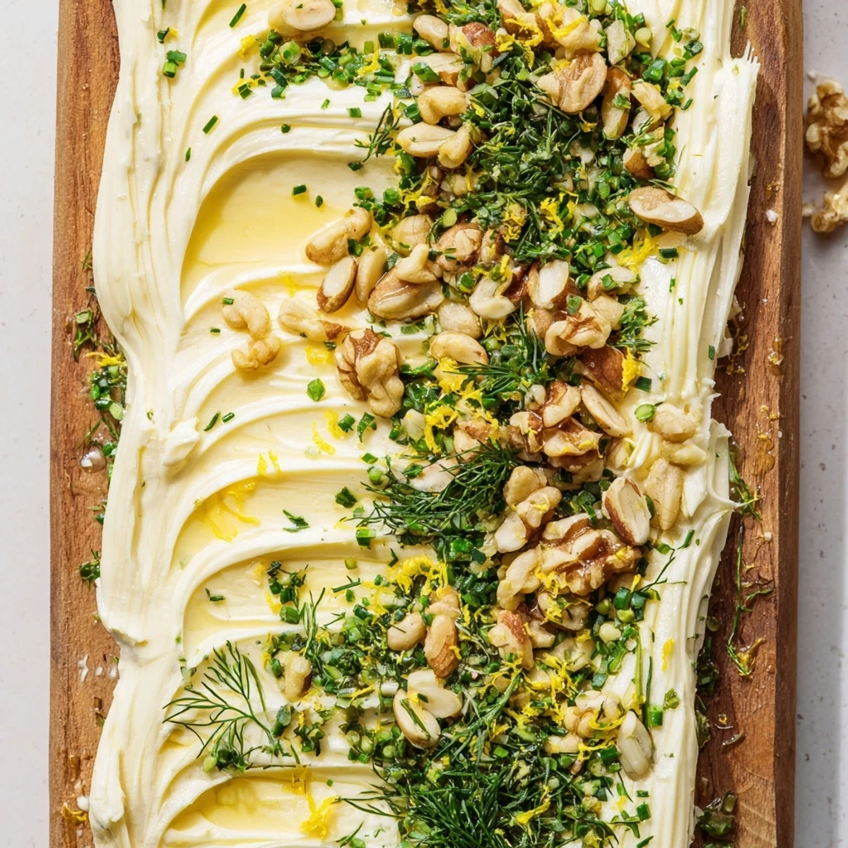Creamy Butter Board Charcuterie topped with golden nuts, fresh herbs and flaky sea salt, ready to eat.