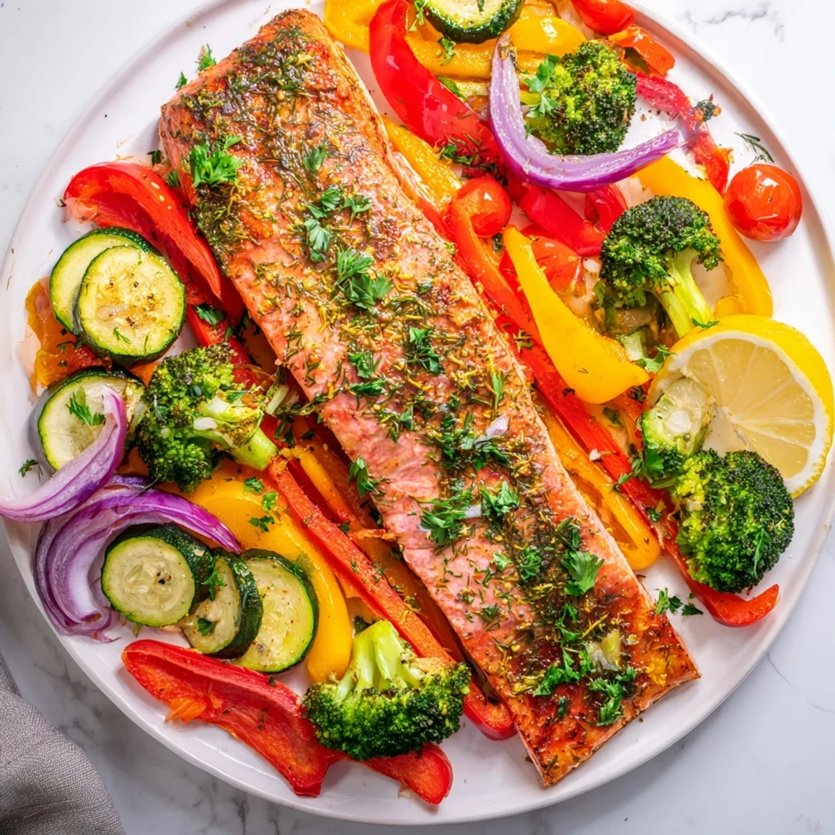 Golden, flaky salmon sheet pan bake with colorful roasted vegetables, ready to serve and enjoy.