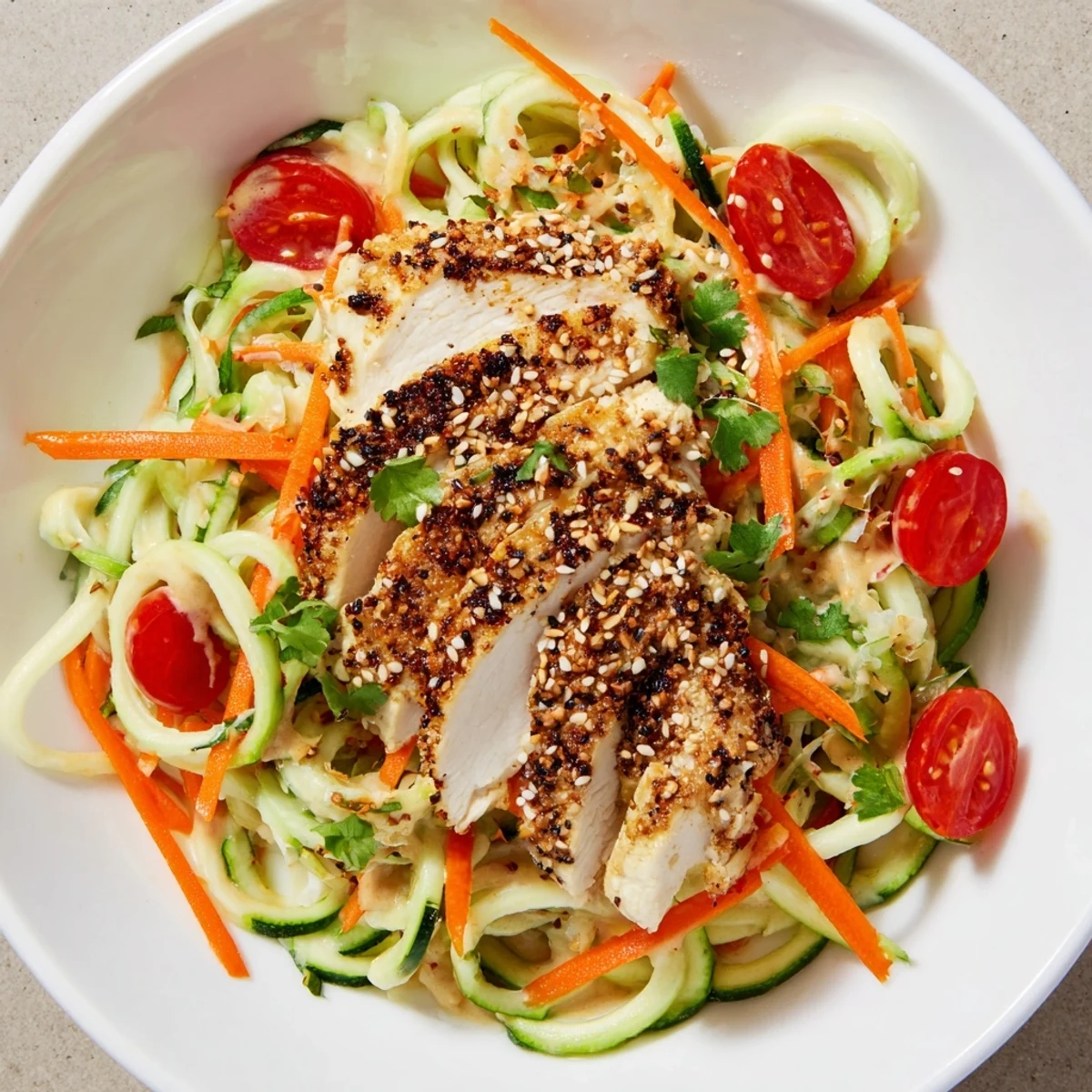 A colorful bowl displays the refreshing Protein Cucumber Salad, perfect for a light, healthy lunch.