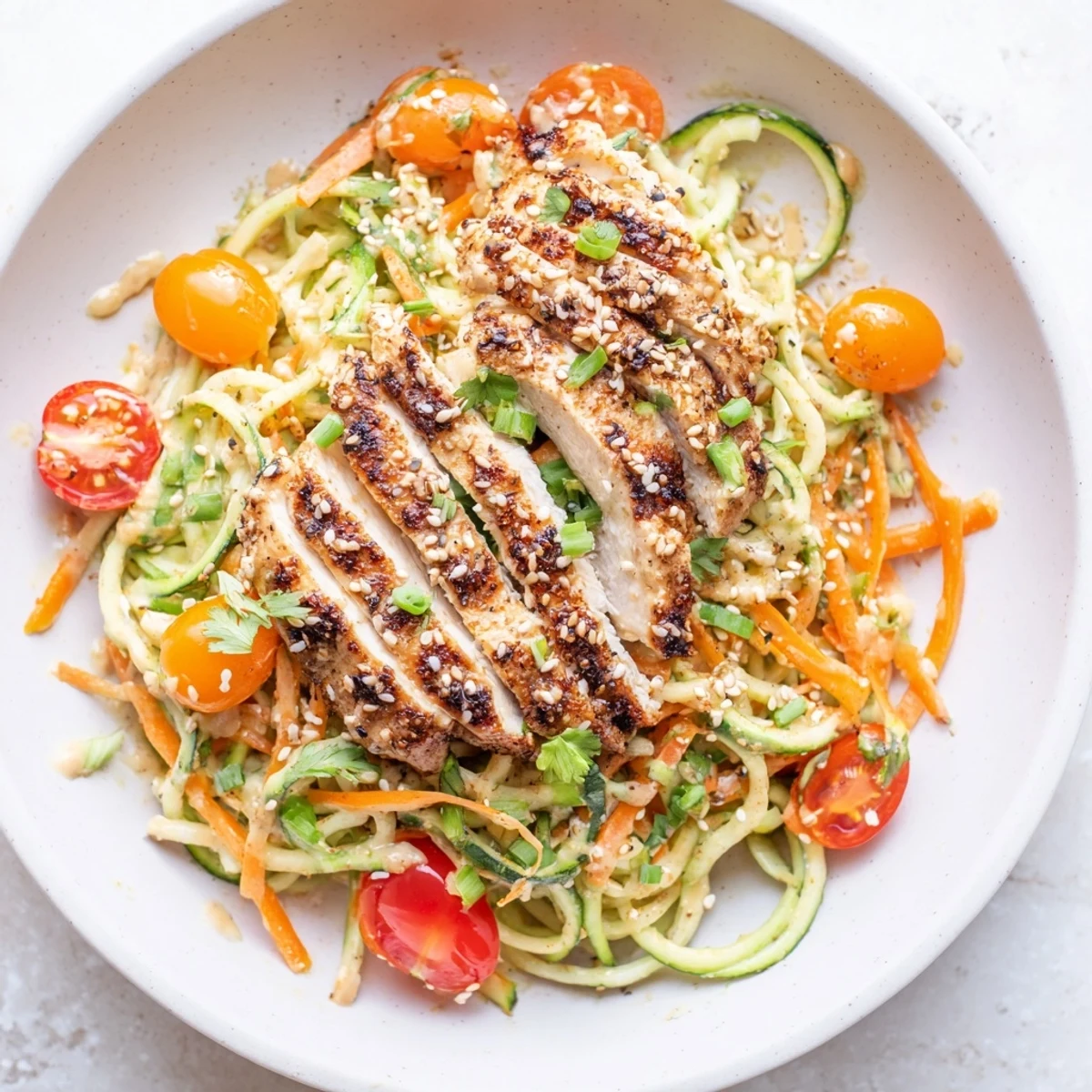 Tender grilled chicken tops the vibrant Protein Cucumber Salad, drizzled with savory sesame dressing.