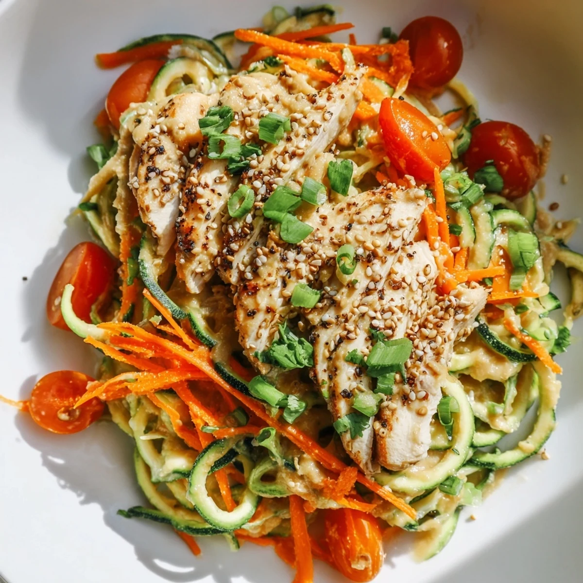 Brightly plated, this Protein Cucumber Salad features spiralized cucumbers and juicy grilled chicken.